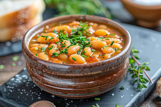 Beans baked in tomato sauce, sprinkled with fresh chopped herbs. Healthy food. AI generated.