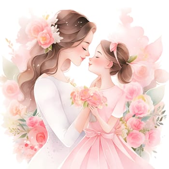 The mother and daughter are sharing a sweet moment, kissing while holding delicate flowers. The daughters pink gown complements the blooms, creating a happy and heartwarming gesture