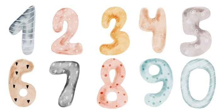 Watercolor Numbers. Set of colorful cute numbers. Clip art isolated on white background. For design of birthday cards and invitations. Children's kawaii style. High quality photo