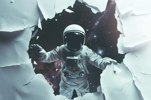 An astronaut to be entering into a galactic universe scene through a torn white wall, Generative AI.