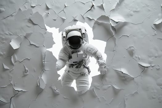 An astronaut to be entering into a galactic universe scene through a torn white wall, Generative AI.