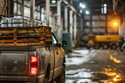 a pickup truck loaded with cargo in an industrial setting or construction site, Generative AI.