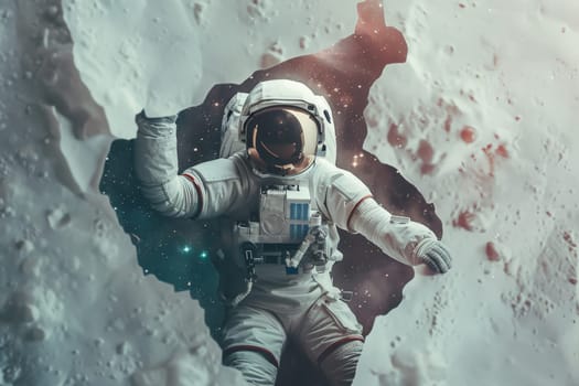 An astronaut to be entering into a galactic universe scene through a torn white wall, Generative AI.