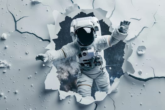 An astronaut to be entering into a galactic universe scene through a torn white wall, Generative AI.