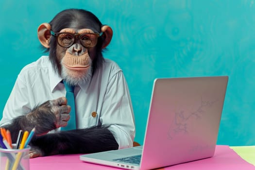 a chimpanzee with white white shirt and glasses sitting upfront the laptop, Generative AI.