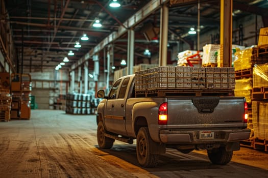 a pickup truck loaded with cargo in an industrial setting or construction site, Generative AI.