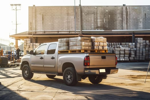 a pickup truck loaded with cargo in an industrial setting or construction site, Generative AI.
