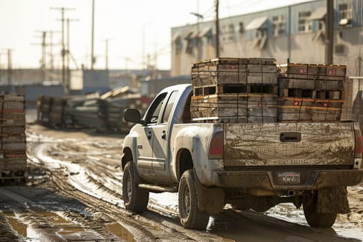 a pickup truck loaded with cargo in an industrial setting or construction site, Generative AI.