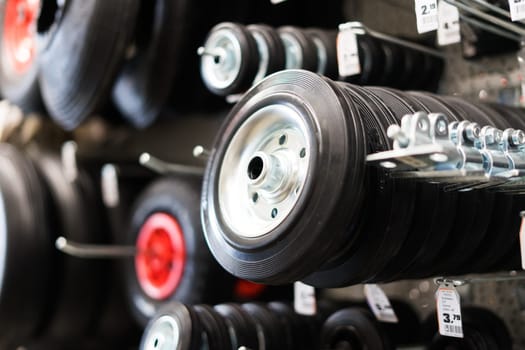 Industrial trolley Swivel Rubber Caster Wheels in a store not fixed and break wheel.