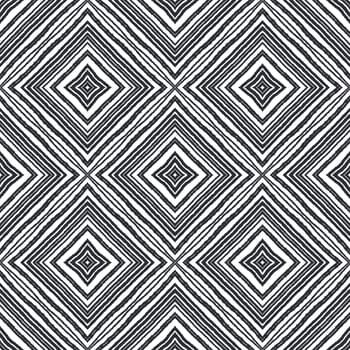 Ikat repeating swimwear design. Black symmetrical kaleidoscope background. Textile ready favorable print, swimwear fabric, wallpaper, wrapping. Summer ikat sweamwear pattern.