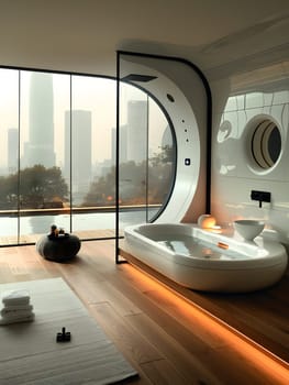 A luxurious bathroom in a skyscraper condominium with a spacious tub, large window, and cozy wood flooring, creating a comfortable and serene atmosphere