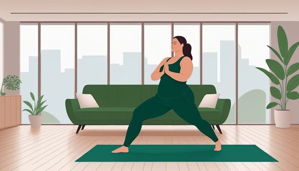 Large woman, yoga practice near sofa, leggings and top attire. Bright room, large window, floor-standing flower