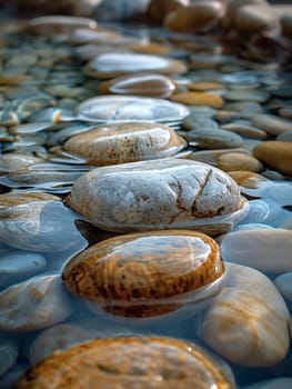 Smooth pebbles under clear stream water, for peaceful and zen-like designs.