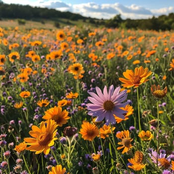 A field blanketed in wildflowers, bursting with color, symbolizing growth and vitality.