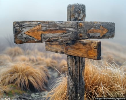 A weathered wooden signpost in a rural setting, pointing in multiple directions, evoking choice and adventure.