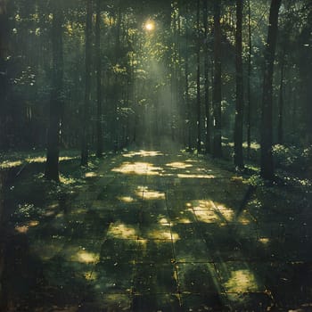 Shadows cast by a forest canopy on a woodland floor, creating a natural mosaic of light and dark.