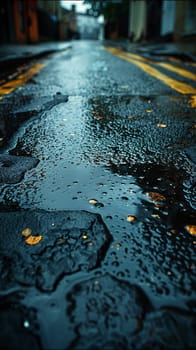 Wet asphalt after rain with reflections, suitable for moody and atmospheric backgrounds.