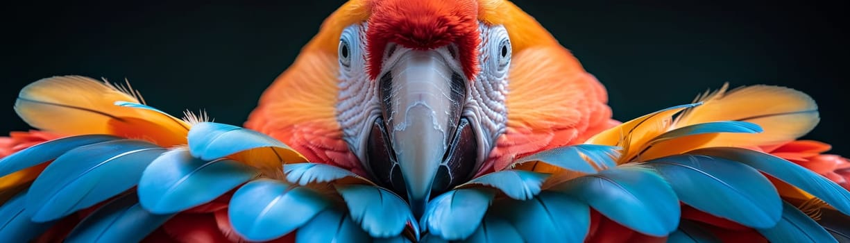 Close-up of a colorful parrot's feathers, great for vibrant and exotic projects.