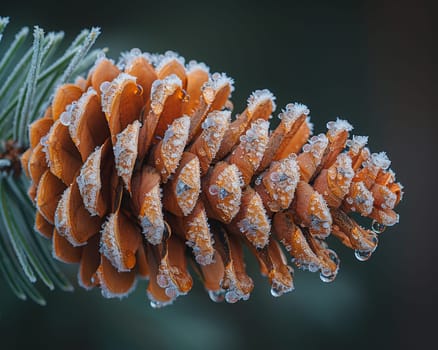 Macro shot of frost on a pine cone, showcasing winter's intricate details.