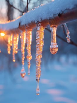 Frozen icicles hanging from a branch, capturing winter's chill and beauty.