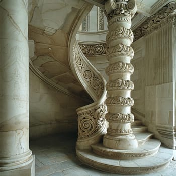 The architectural detail of a spiral staircase, symbolizing ascension and design.