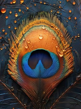 Close-up of a peacock feather, displaying vibrant colors and natural patterns.