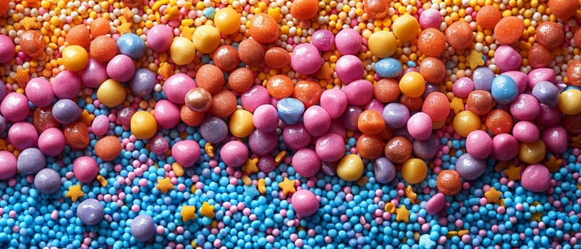 Macro shot of colorful sprinkles on a white background, creating a playful and vibrant texture.