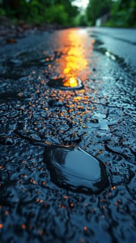 Wet asphalt after rain with reflections, suitable for moody and atmospheric backgrounds.