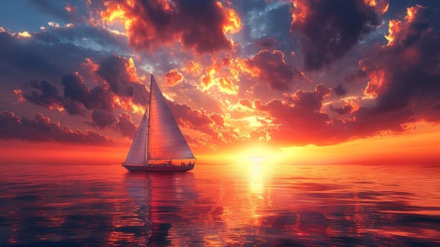 A lone sailboat on a vast ocean at sunset, symbolizing solitude and exploration.