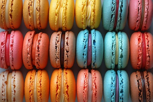 Close-up of colorful macarons arranged in a pattern, representing sweetness and indulgence.