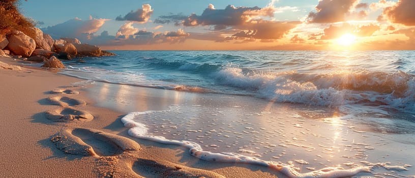 Gentle footprints in the sand leading towards the ocean, symbolizing journey and exploration.