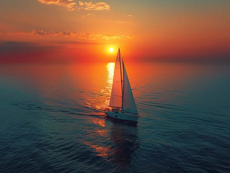 A lone sailboat on a vast ocean at sunset, symbolizing solitude and exploration.