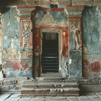 Fading murals on an ancient temple wall, representing culture and historical themes.