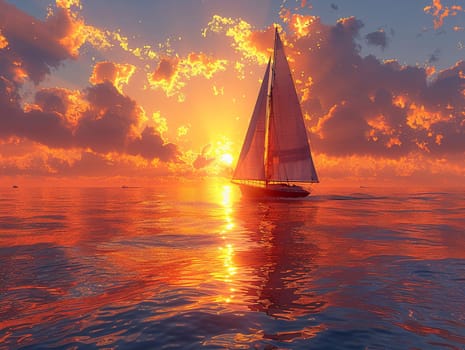 A lone sailboat on a vast ocean at sunset, symbolizing solitude and exploration.