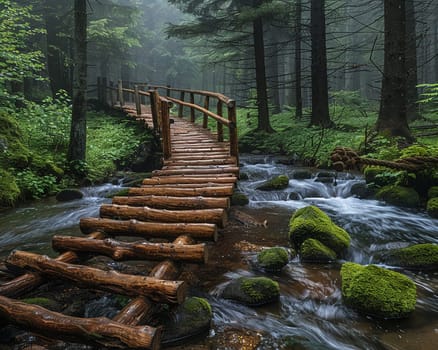 A rustic wooden bridge over a forest stream, evoking adventure and exploration.