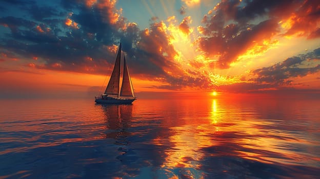 A lone sailboat on a vast ocean at sunset, symbolizing solitude and exploration.