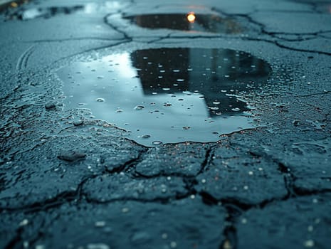 Wet asphalt after rain with reflections, suitable for moody and atmospheric backgrounds.