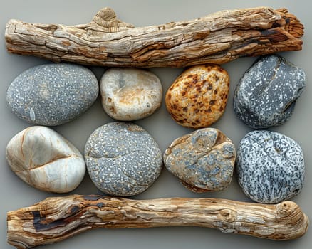 The contrasting textures of smooth pebbles and rough driftwood on a beach, showcasing natural diversity.