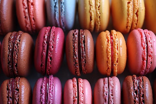 Close-up of colorful macarons arranged in a pattern, representing sweetness and indulgence.