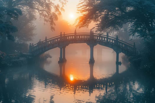 A bridge spanning a tranquil river at sunrise, connecting two shores and symbolizing passage.