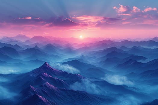 Misty mountain range at dawn, ideal for tranquil and majestic background themes.