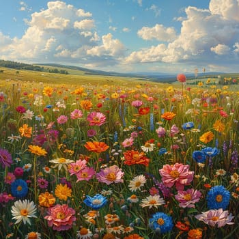 A field blanketed in wildflowers, bursting with color, symbolizing growth and vitality.