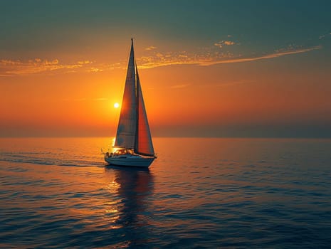 A lone sailboat on a vast ocean at sunset, symbolizing solitude and exploration.