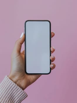 A person is holding a phone with a white screen. The phone is in a pink background