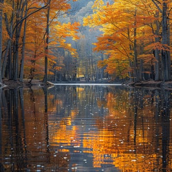 Vivid autumn colors reflected in a still lake, showcasing seasonal change.