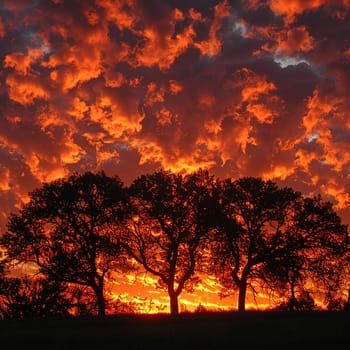 The fiery glow of a sunset behind a silhouette of trees, capturing the end of a day.