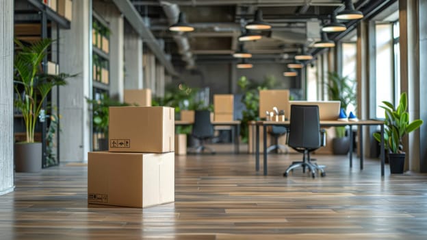 A large room with many boxes and potted plants. The room is empty and waiting to be filled with furniture and decorations. Scene is one of anticipation and excitement for the new space