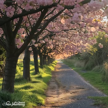 A path lined with cherry blossoms in full bloom, representing renewal and beauty.