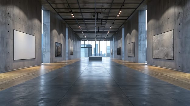 A large, empty room with a white wall and a few paintings on it