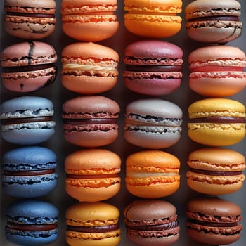 Close-up of colorful macarons arranged in a pattern, representing sweetness and indulgence.